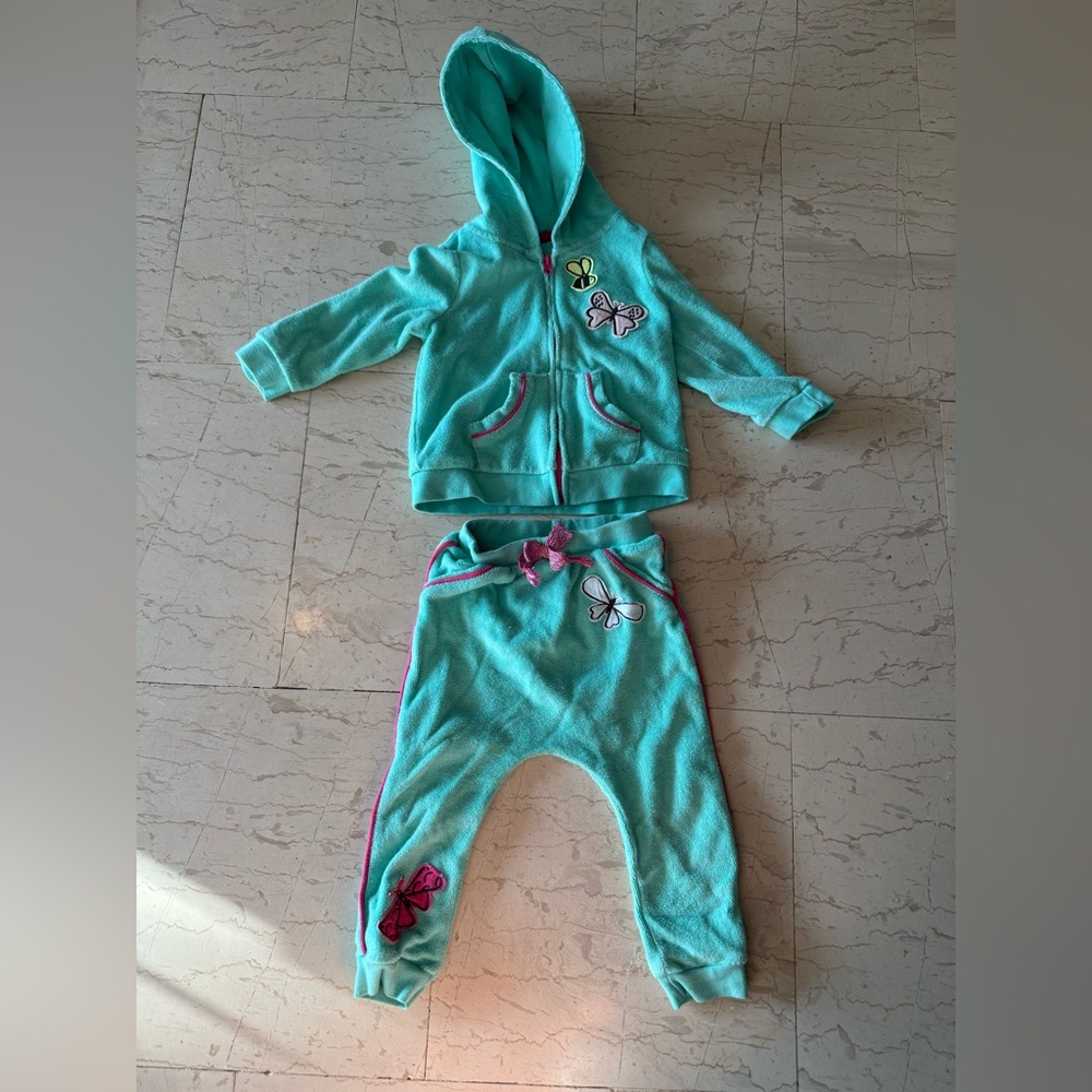 Baby Girl CAT & JACK Green Pink 2 Piece Terry Cloth Zip Up Sweatshirt Pant 18m